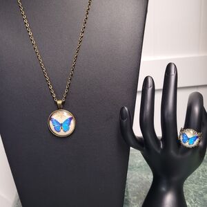 Bronze Necklace and Ring Set with Blue Butterfly Design